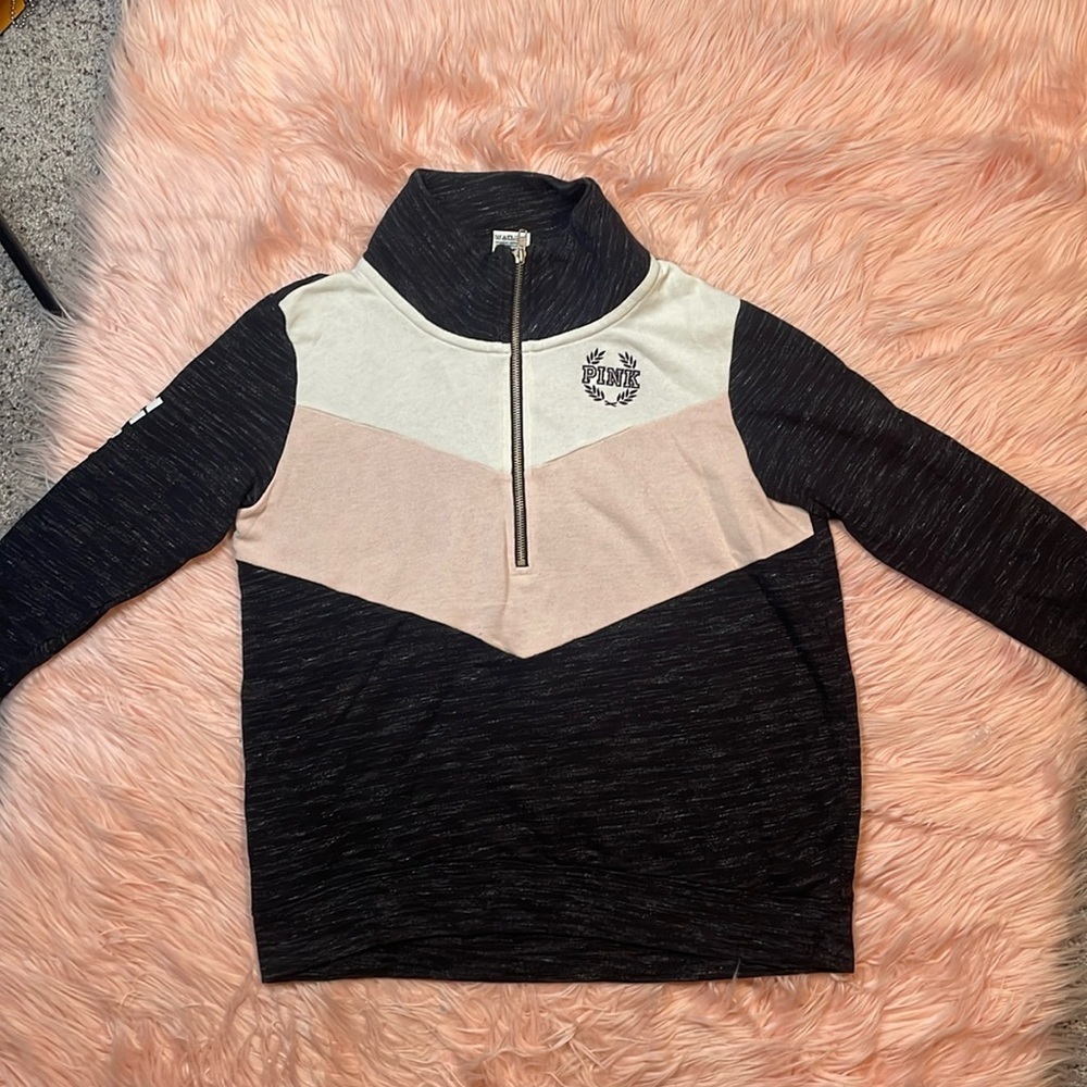 Victorias Secret Pink Colorblock Quarter Zip Pullover Sweatshirt Black Marl/Pink